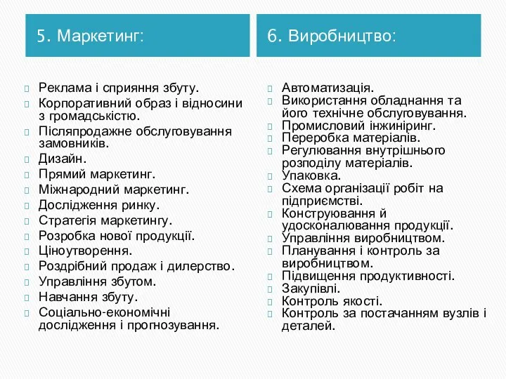 5. Маркетинг: 6. Виробництво: Реклама і сприяння збуту. Корпоративний образ і