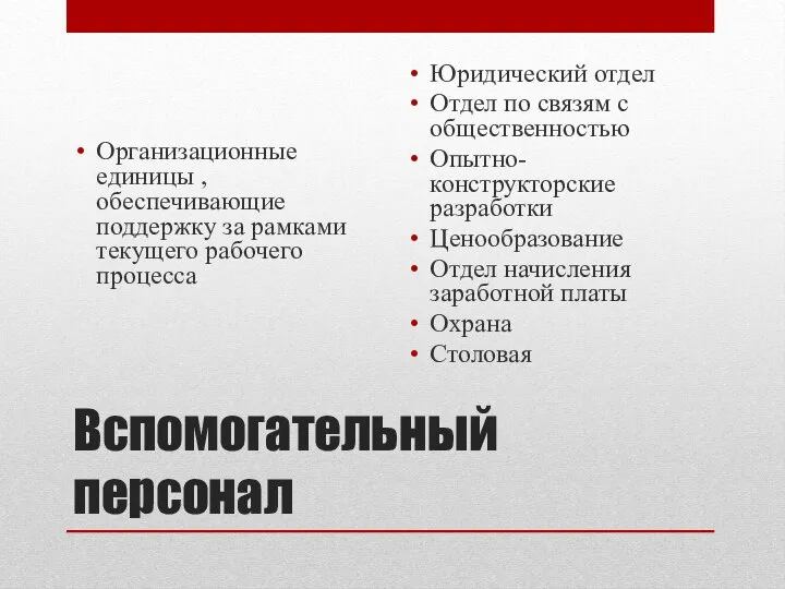 Вспомогательный персонал Организационные единицы , обеспечивающие поддержку за рамками текущего рабочего