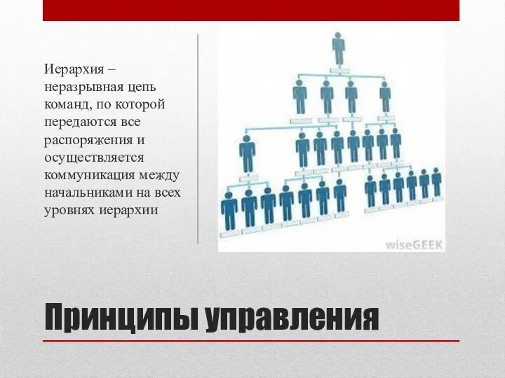 Принципы управления Иерархия – неразрывная цепь команд, по которой передаются все