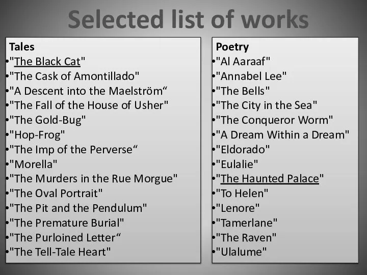 Selected list of works Tales "The Black Cat" "The Cask of