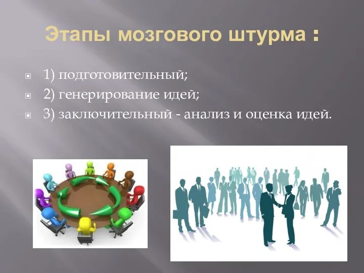 Этапы мозгового штурма : 1) подготовительный; 2) генерирование идей; 3) заключительный - анализ и оценка идей.