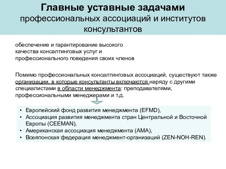 Главные уставные задачами профессиональных ассоциаций и институтов консультантов обеспечение и гарантирование