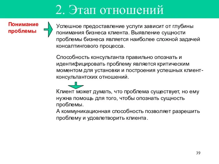 2. Этап отношений Успешное предоставление услуги зависит от глубины понимания бизнеса