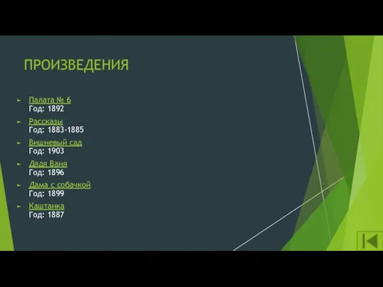 ПРОИЗВЕДЕНИЯ Палата № 6 Год: 1892 Рассказы Год: 1883-1885 Вишневый сад