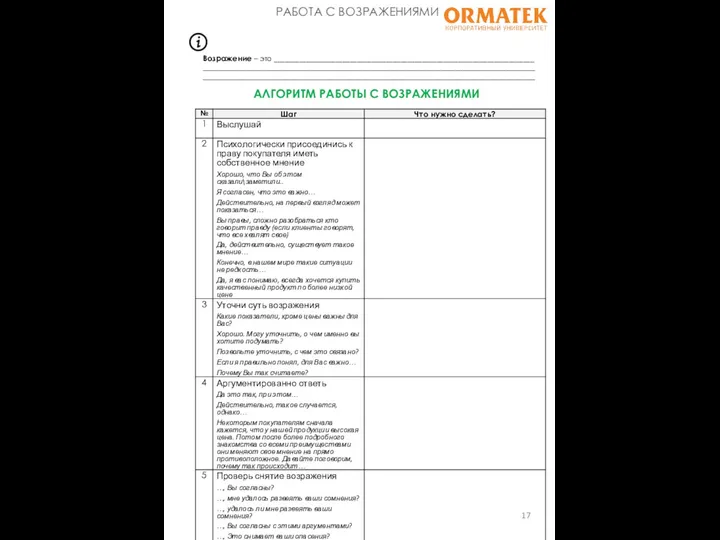 РАБОТА С ВОЗРАЖЕНИЯМИ Возражение – это ________________________________________________________________________ ____________________________________________________________________________________________ ____________________________________________________________________________________________ АЛГОРИТМ РАБОТЫ С ВОЗРАЖЕНИЯМИ