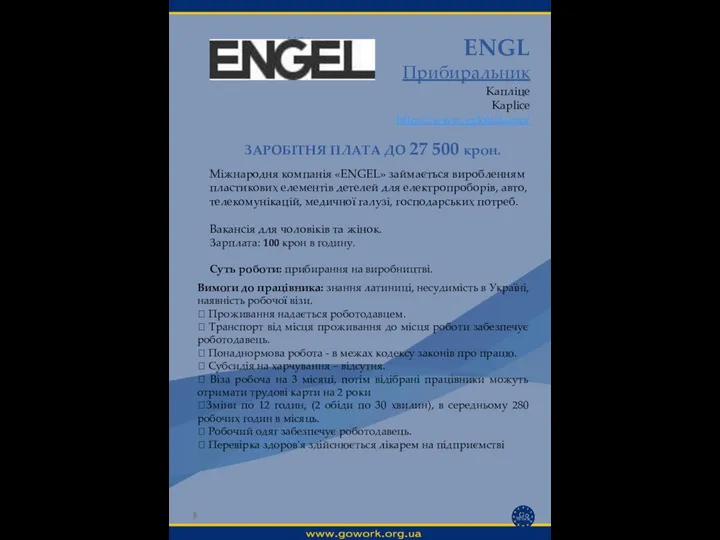 ENGL Прибиральник Капліце Kaplice https://www.уglobal.com/ Вимоги до працівника: знання латиниці, несудимість