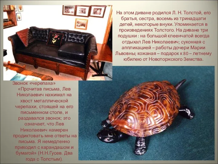 На этом диване родился Л. Н. Толстой, его братья, сестра, восемь