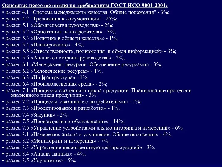 Основные несоответствия по требованиям ГОСТ ИСО 9001-2001: • раздел 4.1 "Система