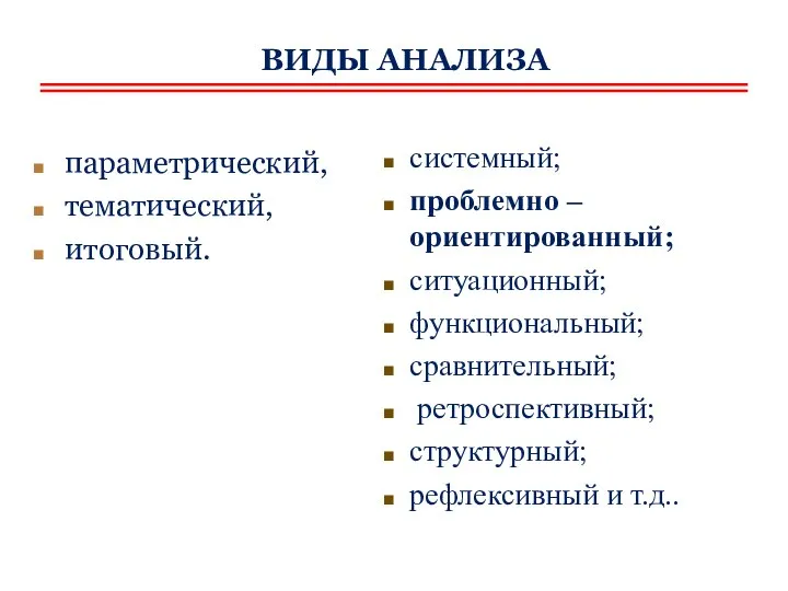 ВИДЫ АНАЛИЗА параметрический, тематический, итоговый. системный; проблемно – ориентированный; ситуационный; функциональный;