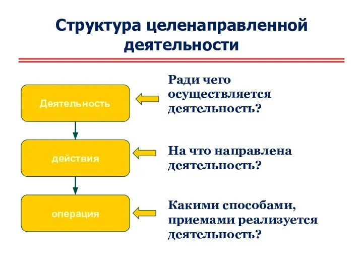 Структура целенаправленной деятельности Ради чего осуществляется деятельность? На что направлена деятельность? Какими способами, приемами реализуется деятельность?