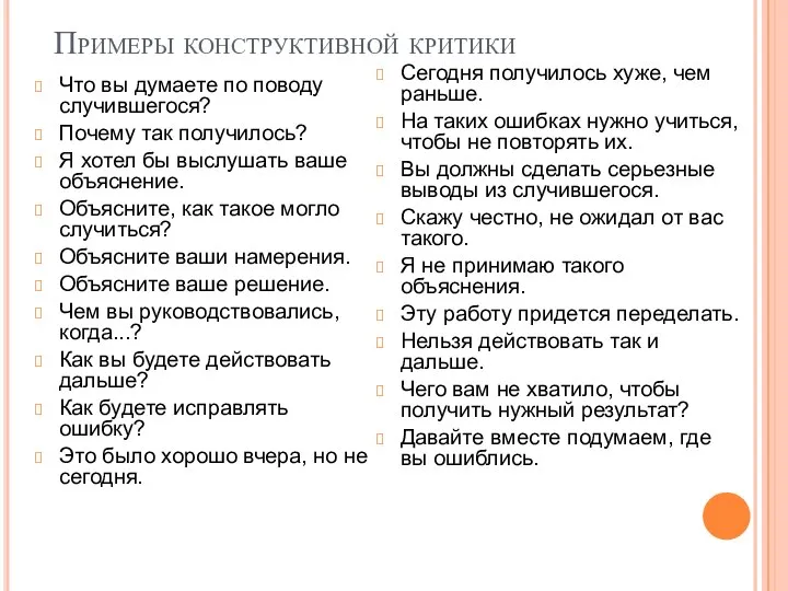 Примеры конструктивной критики Что вы думаете по поводу случившегося? Почему так