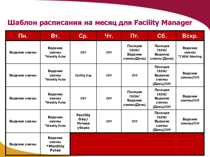 Шаблон расписания на месяц для Facility Manager