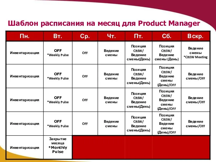 Шаблон расписания на месяц для Product Manager