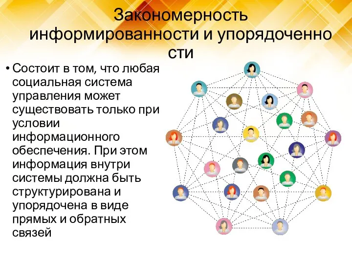 Закономерность информированности и упорядоченности Состоит в том, что любая социальная система