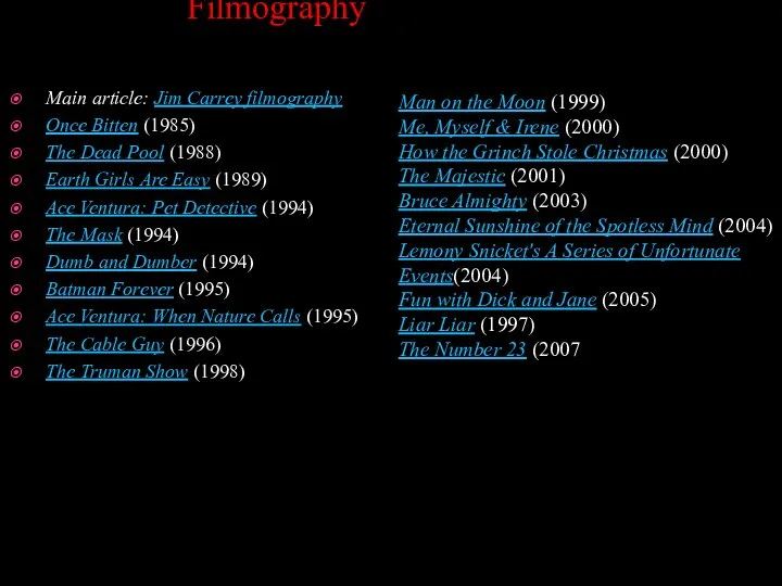 Filmography Main article: Jim Carrey filmography Once Bitten (1985) The Dead