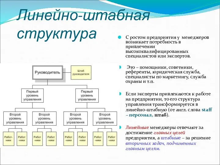 Линейно-штабная структура С ростом предприятия у менеджеров возникает потребность в привлечении