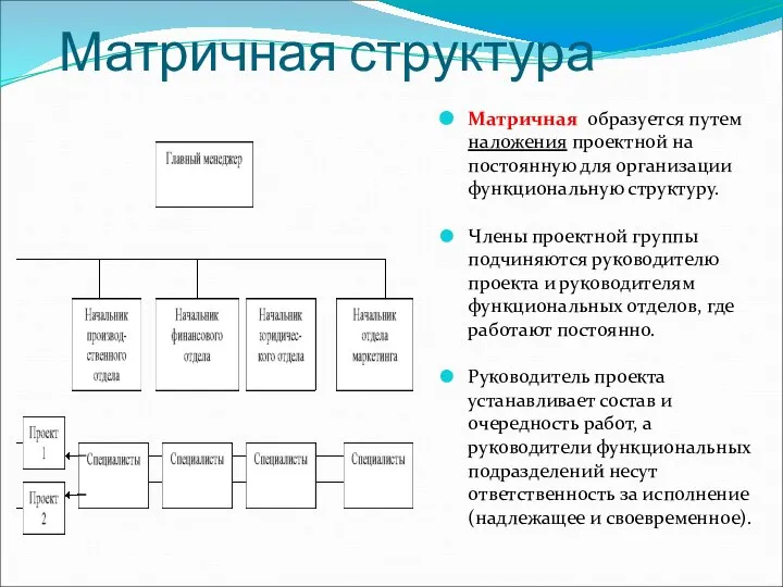 Матричная структура Матричная образуется путем наложения проектной на постоянную для организации