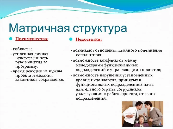 Преимущества: - гибкость; - усиленная личная ответственность руководителя за программу; -