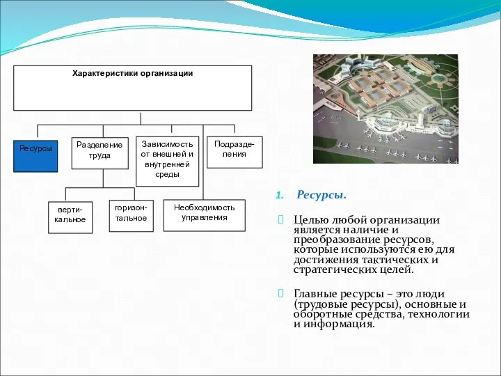 Ресурсы. Целью любой организации является наличие и преобразование ресурсов, которые используются