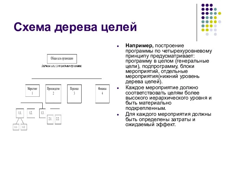 Например, построение программы по четырехуровневому принципу предусматривает: программу в целом (генеральные