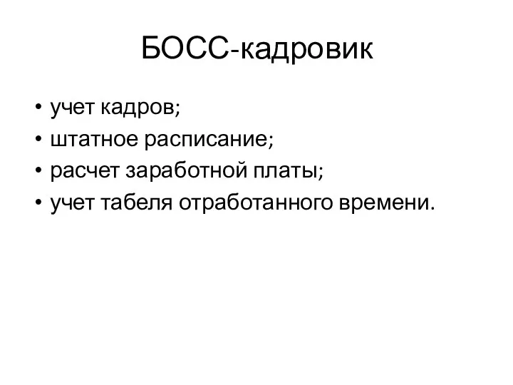 БОСС-кадровик учет кадров; штатное расписание; расчет заработной платы; учет табеля отработанного времени.