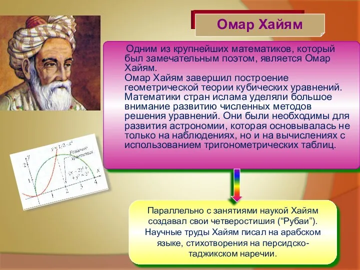 Одним из крупнейших математиков, который был замечательным поэтом, является Омар Хайям.