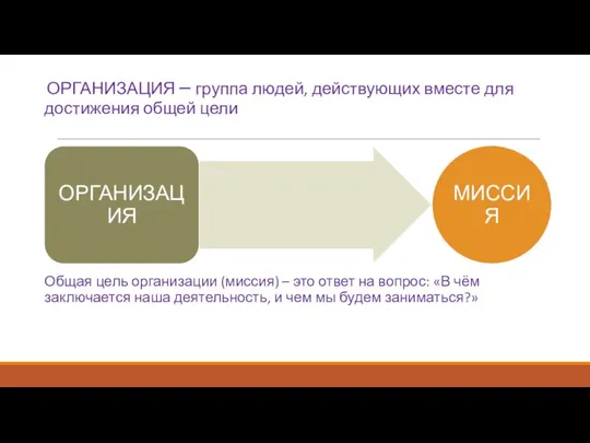 ОРГАНИЗАЦИЯ – группа людей, действующих вместе для достижения общей цели Общая