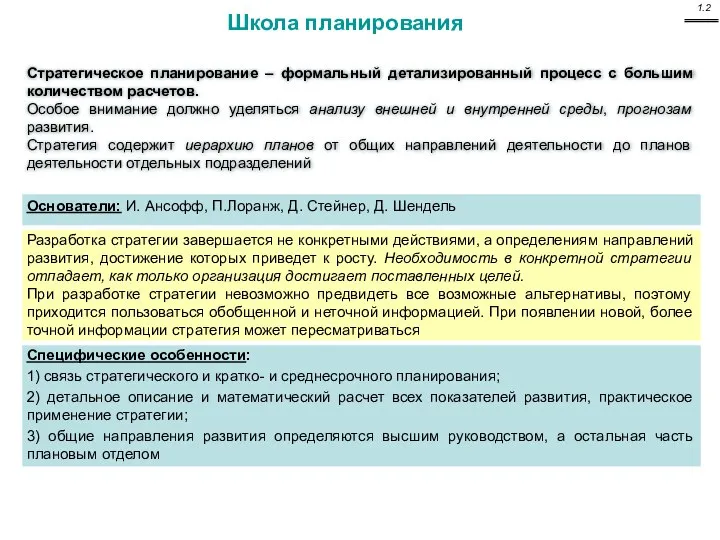 Школа планирования Стратегическое планирование – формальный детализированный процесс с большим количеством