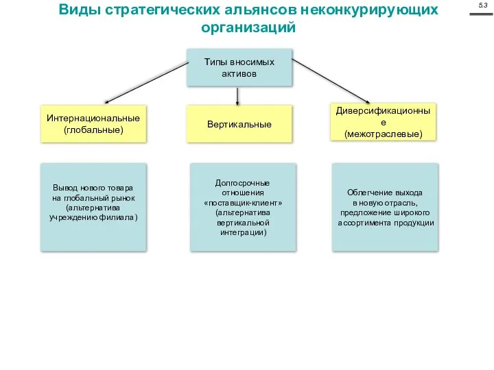 Виды стратегических альянсов неконкурирующих организаций Типы вносимых активов Интернациональные (глобальные) Вертикальные