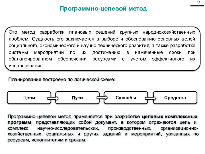 Программно-целевой метод применяется при разработке целевых комплексных программ, представляющих собой документ,