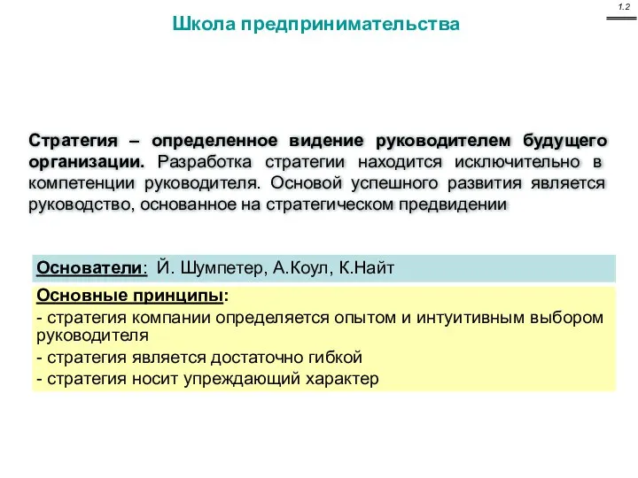 Школа предпринимательства Стратегия – определенное видение руководителем будущего организации. Разработка стратегии