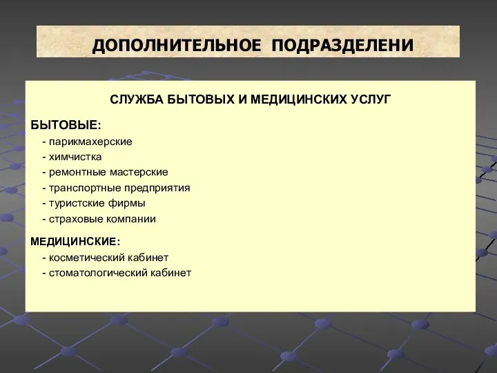 ДОПОЛНИТЕЛЬНОЕ ПОДРАЗДЕЛЕНИ СЛУЖБА БЫТОВЫХ И МЕДИЦИНСКИХ УСЛУГ БЫТОВЫЕ: - парикмахерские -