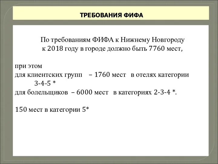 ТРЕБОВАНИЯ ФИФА По требованиям ФИФА к Нижнему Новгороду к 2018 году