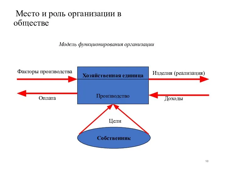 Место и роль организации в обществе Модель функционирования организации Хозяйственная единица