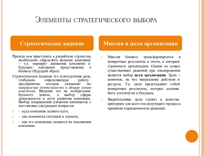 Элементы стратегического выбора Прежде чем приступить к разработке стратегии, необходимо определить