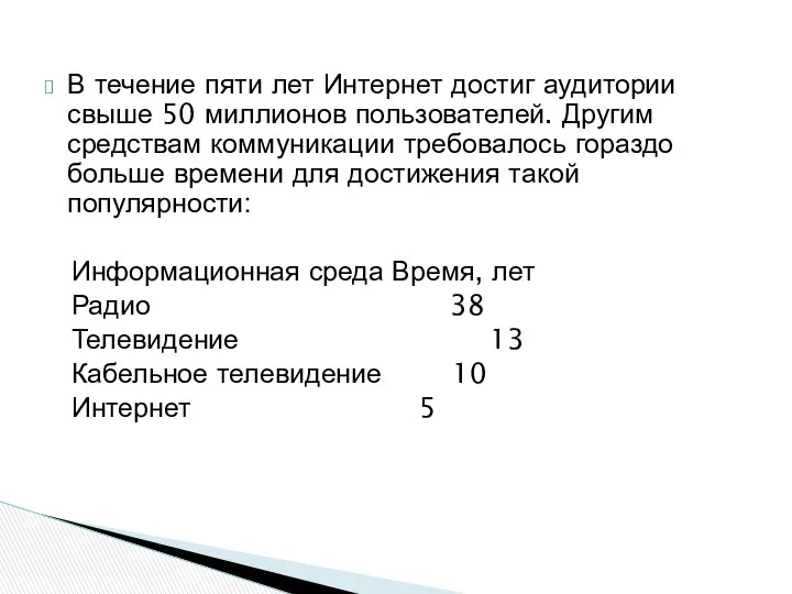 В течение пяти лет Интернет достиг аудитории свыше 50 миллионов пользователей.