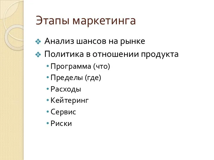 Этапы маркетинга Анализ шансов на рынке Политика в отношении продукта Программа