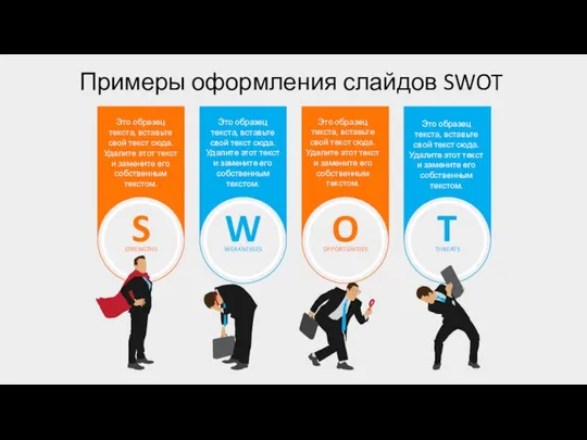 Примеры оформления слайдов SWOT Это образец текста, вставьте свой текст сюда.