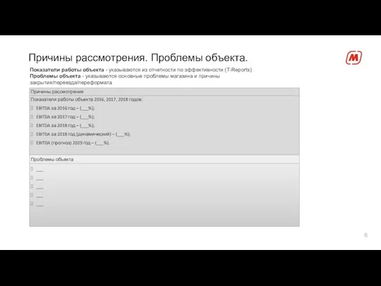 Причины рассмотрения. Проблемы объекта. Показатели работы объекта - указываются из отчетности