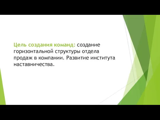 Цель создания команд: создание горизонтальной структуры отдела продаж в компании. Развитие института наставничества.