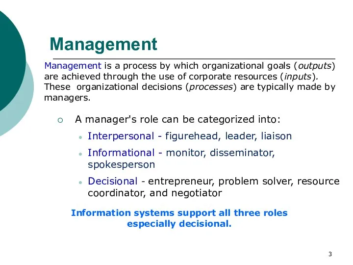 Management A manager's role can be categorized into: Interpersonal - figurehead,