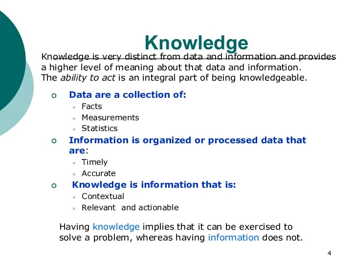 Knowledge Data are a collection of: Facts Measurements Statistics Information is