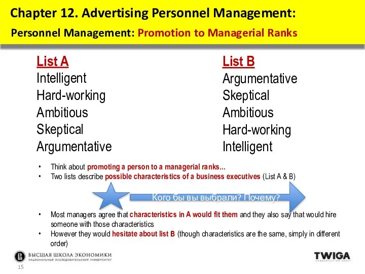 List A Intelligent Hard-working Ambitious Skeptical Argumentative Chapter 12. Advertising Personnel
