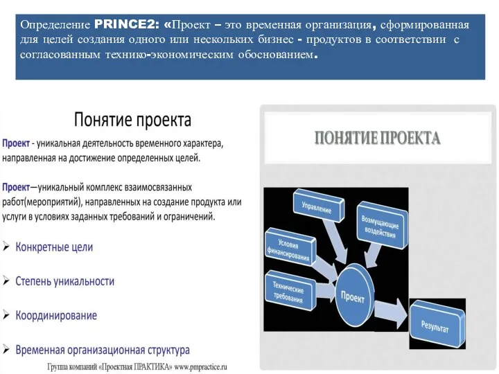 Определение PRINCE2: «Проект – это временная организация, сформированная для целей создания