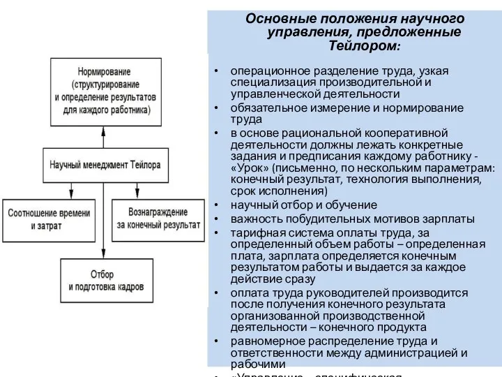 Основные положения научного управления, предложенные Тейлором: операционное разделение труда, узкая специализация