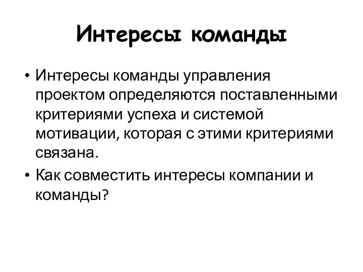 Интересы команды Интересы команды управления проектом определяются поставленными критериями успеха и