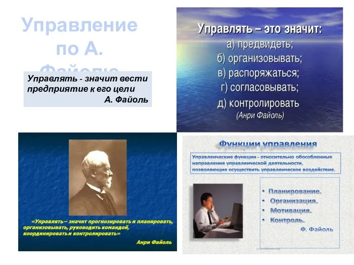 Управление по А. Файолю Управлять - значит вести предприятие к его цели А. Файоль