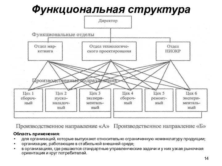 Функциональная структура организации Область применения: для организаций, которые выпускают относительно ограниченную