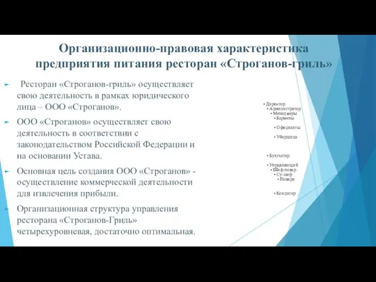 Организационно-правовая характеристика предприятия питания ресторан «Строганов-гриль» Ресторан «Строганов-гриль» осуществляет свою деятельность