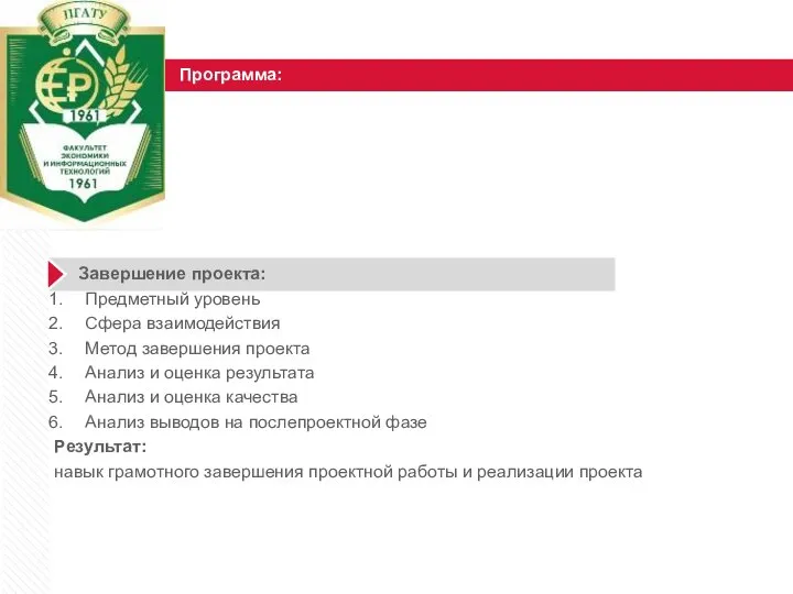 Программа: Завершение проекта: Предметный уровень Сфера взаимодействия Метод завершения проекта Анализ